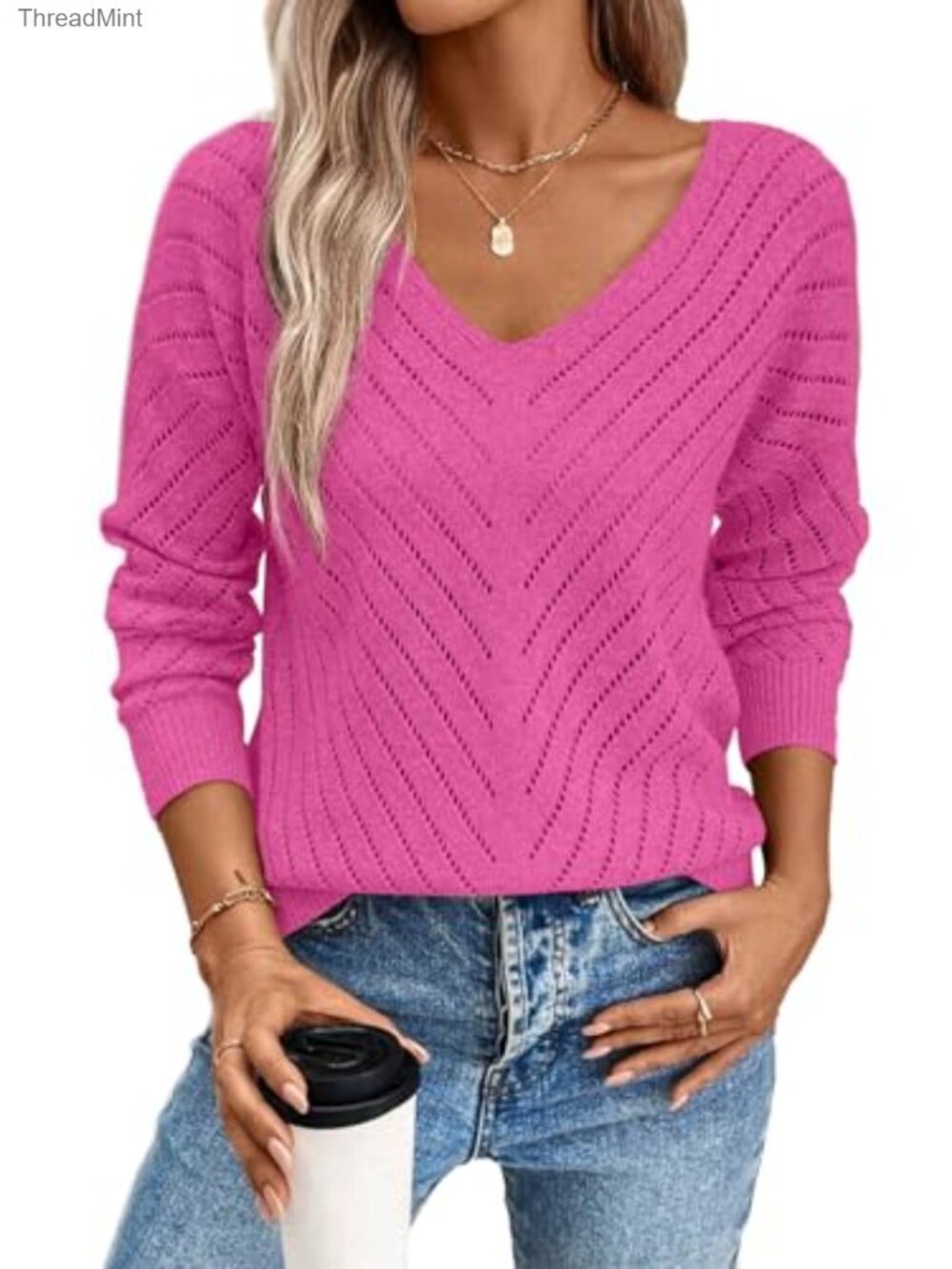 Womens V Neck Long Sleeve Knit Hollow Out Crochet Sweater Pullover 52% Viscose